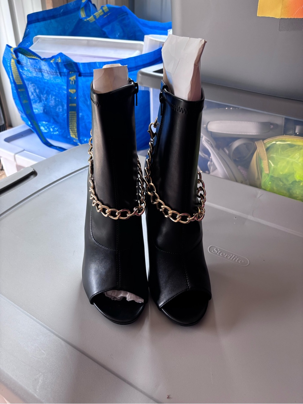 Shoe Dazzle Black Peep-Toe Heeled Boots with Gold Chain